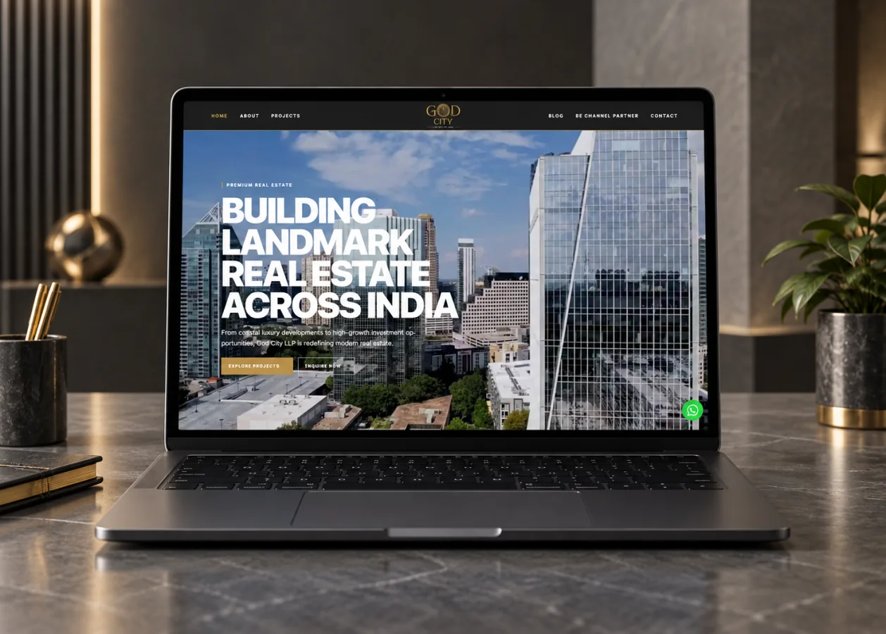 God City website displayed on a laptop in a professional office setting
