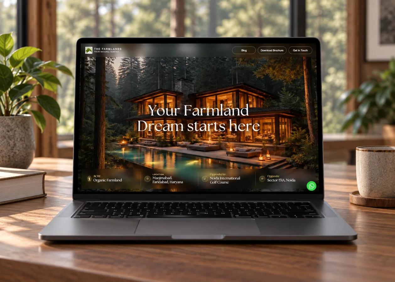 The Farmlands website displayed on a laptop in a nature-inspired setting